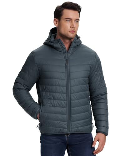 33,000ft Herren Leichte Steppjacke Outdoor Wasserbeständige Übergangsjacke Warme Winterjacke für Männer, Kapuze Wintermäntel Pufferjacke Verstaubar Grau L von 33,000ft
