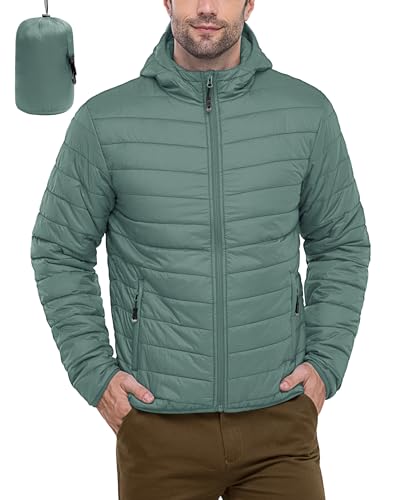 33,000ft Herren Leichte Steppjacke Outdoor Wasserbeständige Übergangsjacke Warme Winterjacke für Männer, Kapuze Wintermäntel Pufferjacke Verstaubar Grün XL von 33,000ft