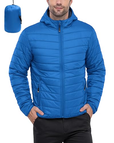 33,000ft Herren Leichte Steppjacke Outdoor Wasserbeständige Übergangsjacke Warme Winterjacke für Männer, Kapuze Wintermäntel Pufferjacke Verstaubar Klassisch Blau/Blau L von 33,000ft