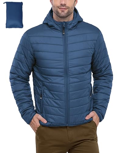 33,000ft Herren Leichte Steppjacke Outdoor Wasserbeständige Übergangsjacke Warme Winterjacke für Männer, Kapuze Wintermäntel Pufferjacke Verstaubar Navy Blau 2XL von 33,000ft