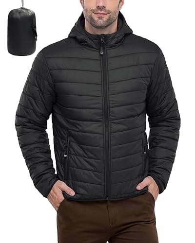 33,000ft Herren Leichte Steppjacke Outdoor Wasserbeständige Übergangsjacke Warme Winterjacke für Männer, Kapuze Wintermäntel Pufferjacke Verstaubar Schwarz L von 33,000ft