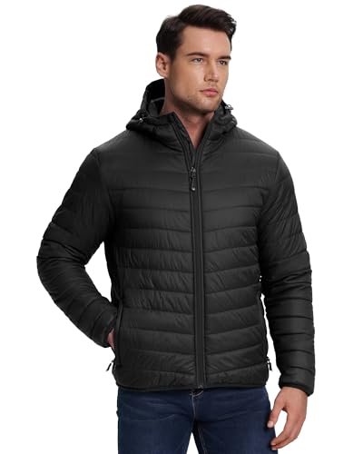 33,000ft Herren Leichte Steppjacke Outdoor Wasserbeständige Übergangsjacke Warme Winterjacke für Männer, Kapuze Wintermäntel Pufferjacke Verstaubar Schwarz XL von 33,000ft