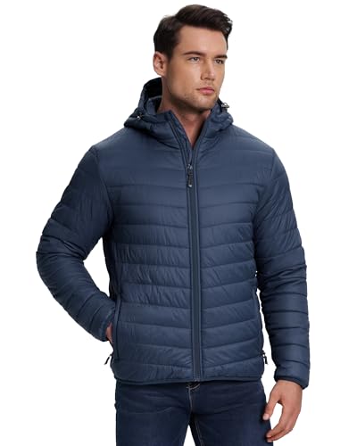33,000ft Herren Leichte Steppjacke Outdoor Wasserbeständige Übergangsjacke Warme Winterjacke für Männer, Kapuze Wintermäntel Pufferjacke Verstaubar Schwarzblau 2XL von 33,000ft