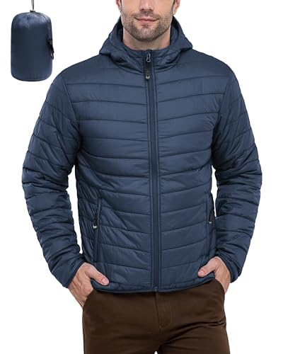 33,000ft Herren Leichte Steppjacke Outdoor Wasserbeständige Übergangsjacke Warme Winterjacke für Männer, Kapuze Wintermäntel Pufferjacke Verstaubar Schwarzblau L von 33,000ft