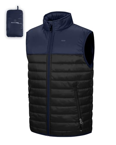 33,000ft Herren Packbare Steppweste Outdoor Gefütterte Hybrid Sportwesten mit Stehkragen Outdoorwesten mit 5 Taschen Übergangswesten für Männer Laufen Golf Wandern Reiten, Schwarz+Navy Blau 2XL von 33,000ft