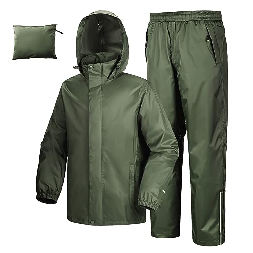 33,000ft Herren Regenanzug Reflektierender Leichter Wasserdichter Anzug Outdoor Regenmantel Packbare Winddichte Regenjacke+Regenhose Atmungsaktive Sets für Fischen Wandern, Armeegrün 3XL von 33,000ft