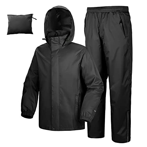 33,000ft Herren Regenanzug Reflektierender Leichter Wasserdichter Anzug Outdoor Regenmantel Packbare Winddichte Regenjacke+Regenhose Atmungsaktive Sets für Fischen Wandern, Schwarz 3XL von 33,000ft