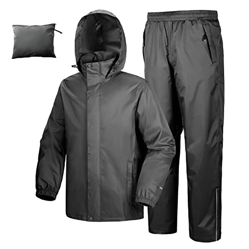 33,000ft Herren Regenanzug Reflektierender Leichter Wasserdichter Anzug Outdoor Regenmantel Packbare Winddichte Regenjacke+Regenhose Atmungsaktive Sets für Fischen Wandern, Mittelgrau L von 33,000ft