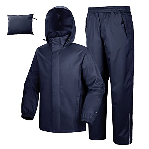 33,000ft Herren Damen Regenanzug Reflektierender Wasserdichter Regenkombi Packbare Winddichte Regenjacke+Regenhose mit Innennetz Regenkleidung für Fischen Wandern Camping, Marineblau XL von 33,000ft