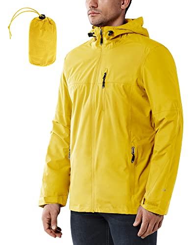 33,000ft Herren Regenjacke Wasserdicht Radfahren Laufen Packable Regenmantel mit Kapuze Leichter Windbreaker mit Mesh-Futter, Schwefelgelb, XL von 33,000ft