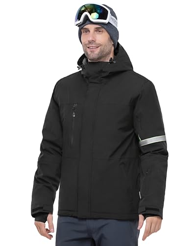 33,000ft Herren Skijacke Wasserdichte Winddichte Warme Outdoorjacke Winterjacke Funktionsjacke Atmungsaktive Snowboardjacke Softshell Jacke mit Kapuze, Schwarz L von 33,000ft