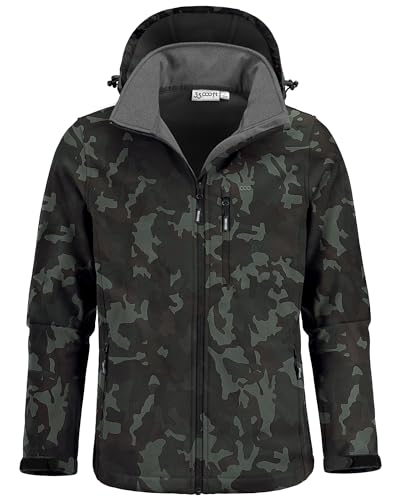 33,000ft Herren Softshell Jacke mit Kapuze Fleece Gefüttert Windbreaker Leichte Wasserdichte Jacken für Wandern, Camouflage, X-Large von 33,000ft