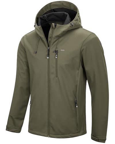 33,000ft Herren Softshelljacke Wasserbeständige Winddichte Funktionsjacke Atmungsaktive Übergangsjacke Leichte Fahhradjacke mit Kapuze Ohne Fleecefutter Olivgrün M von 33,000ft