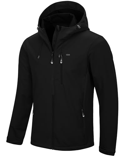 33,000ft Herren Softshelljacke Wasserbeständige Winddichte Funktionsjacke Atmungsaktive Übergangsjacke Leichte Fahhradjacke mit Kapuze Ohne Fleecefutter Schwarz 2XL von 33,000ft