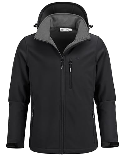 33,000ft Herren Softshelljacke mit Kapuze Fleece gefüttert Windbreaker leichte wasserdichte Jacken zum Wandern, Schwarz, L von 33,000ft