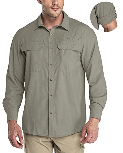 33,000ft Herren Sport Shirts Langarm Funktionsshirts Outdoorhemden Frühling Sommer Herbst Freizeithemden Atmungsaktiv Wicking Schnell Trocknend Shirts mit Taschen für Wandern Angeln, Grau / Grün, L von 33,000ft