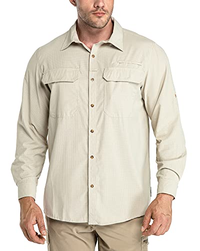 33,000ft Herren Sportshemd Langarmhemd Atmungsaktives Funktionshemd Schnelltrocknende Shirt Outdoorhemd für Männer Frühling Sommer Herbst UV-Schutz Wandern Angeln Shirts Khaki 3XL von 33,000ft