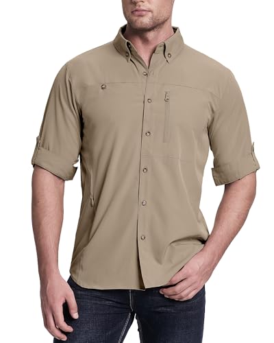 33,000ft Safari Hemd Herren Langarm Sportshemd UPF50+ UV Schutz Funktionshemd Atmungsaktiv Button-Down-Hemd mit Taschen für Wandern Angeln Reisen Braun 2XL von 33,000ft