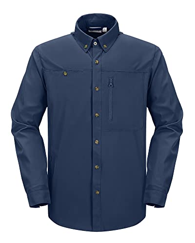 33,000ft Safari Hemd Herren Langarm Sportshemd UPF50+ UV Schutz Funktionshemd Atmungsaktiv Button-Down-Hemd mit Taschen für Wandern Angeln Reisen Navy Blau L von 33,000ft