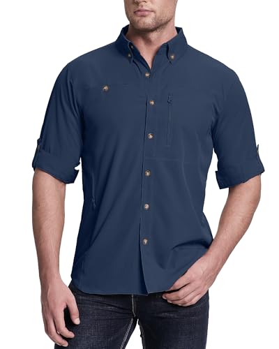 33,000ft Safari Hemd Herren Langarm Sportshemd UPF50+ UV Schutz Funktionshemd Atmungsaktiv Button-Down-Hemd mit Taschen für Wandern Angeln Reisen Navy Blau L von 33,000ft