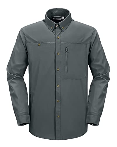 33,000ft Safari Hemd Herren Langarm Sportshemd UPF50+ UV Schutz Funktionshemd Atmungsaktiv Button-Down-Hemd mit Taschen für Wandern Angeln Reisen Reines Grau 2XL von 33,000ft