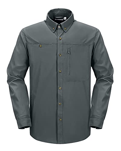 33,000ft Safari Hemd Herren Langarm Sportshemd UPF50+ UV Schutz Funktionshemd Atmungsaktiv Button-Down-Hemd mit Taschen für Wandern Angeln Reisen Reines Grau L von 33,000ft