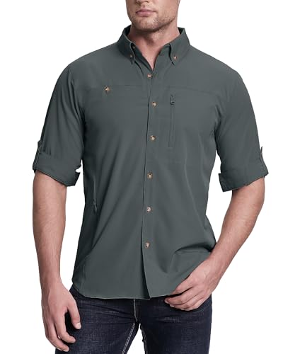 33,000ft Safari Hemd Herren Langarm Sportshemd UPF50+ UV Schutz Funktionshemd Atmungsaktiv Button-Down-Hemd mit Taschen für Wandern Angeln Reisen Reines Grau L von 33,000ft