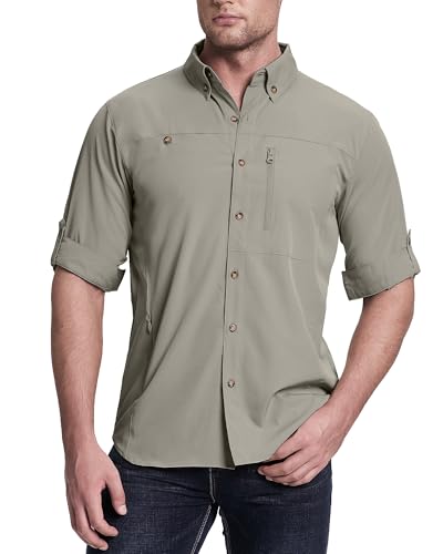 33,000ft Safari Hemd Herren Langarm Sportshemd UPF50+ UV Schutz Funktionshemd Atmungsaktiv Button-Down-Hemd mit Taschen für Wandern Angeln Reisen Grau S von 33,000ft
