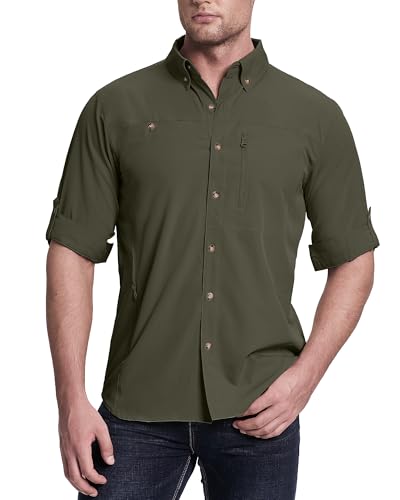 33,000ft Safari Hemd Herren Langarm Sportshemd UPF50+ UV Schutz Funktionshemd Atmungsaktiv Button-Down-Hemd mit Taschen für Wandern Angeln Reisen Grün S von 33,000ft