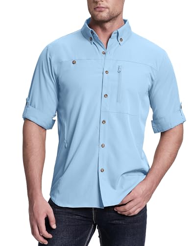 33,000ft Safari Hemd Herren Langarm Sportshemd UPF50+ UV Schutz Funktionshemd Atmungsaktiv Button-Down-Hemd mit Taschen für Wandern Angeln Reisen Hellblau M von 33,000ft