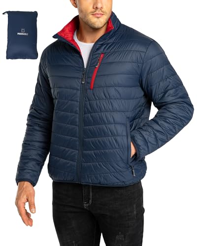 33,000ft Herren Steppjacke Packbare Übergangsjacke in Daunenjacken-Optik für Männer Gefütterte Pufferjacke Wasserabweisende Outdoorjacke mit Taschen für Herbst Frühlings Winter, Dunkelblau+Rot S von 33,000ft