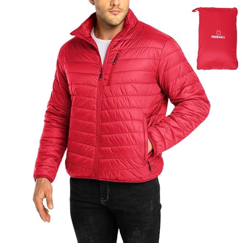 33,000ft Herren Steppjacke Packbare Übergangsjacke in Daunenjacken-Optik für Männer Gefütterte Pufferjacke Wasserabweisende Outdoorjacke mit Taschen für Herbst Frühlings Winter, Rot S von 33,000ft