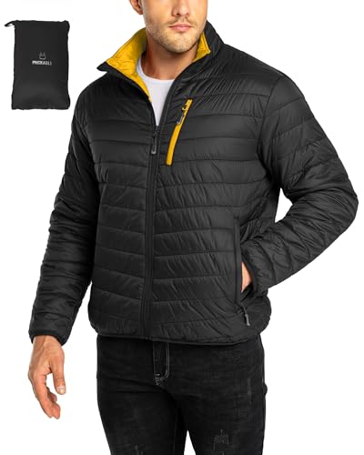 33,000ft Herren Steppjacke Packbare Übergangsjacke in Daunenjacken-Optik für Männer Gefütterte Pufferjacke Wasserabweisende Outdoorjacke mit Taschen für Herbst Frühlings Winter, Schwarz 2XL von 33,000ft