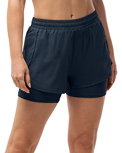 33,000ft Kurze Sporthose Damen 2 in 1 Laufhose Schnelles Trocknen Shorts Damen Sommer Atmungsaktive Jogginghose für Fitness, Yoga, Wandern, Gym Dunkelblau M von 33,000ft