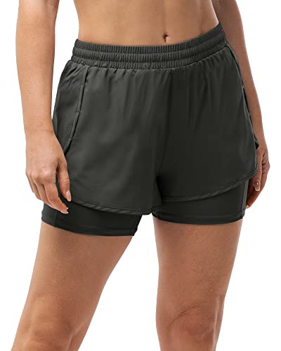 33,000ft Kurze Sporthose Damen 2 in 1 Laufhose Schnelles Trocknen Shorts Damen Sommer Atmungsaktive Jogginghose für Fitness, Yoga, Wandern, Gym Grau Schwarz L von 33,000ft