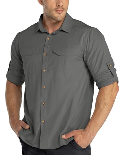 33,000ft Funktionshemd Herren UPF50+ UV-Schutz Langarm Hemd Atmungsaktiv Button-Down-Hemd Outdoor Sportliches Freizeithemd Angelhemd Für Männer Grau L von 33,000ft