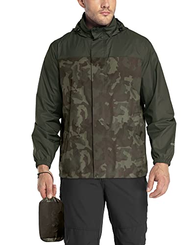 33,000ft Packbare Regenjacke Herren Leichte wasserdichte Regenjacke Shell Jacke Regenmantel mit Kapuze für Golf Radfahren Windbreaker, Camouflage/Grün, XXL von 33,000ft