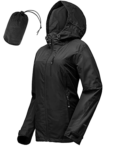 33,000ft Regenjacke Damen Wasserdicht Outdoorjacke Atmungsaktiv Herbst Übergangsjacke Leichte Jacke mit Kapuze Windbreaker zum Wandern Reisen Treking Fahrrad schwarz 36 von 33,000ft