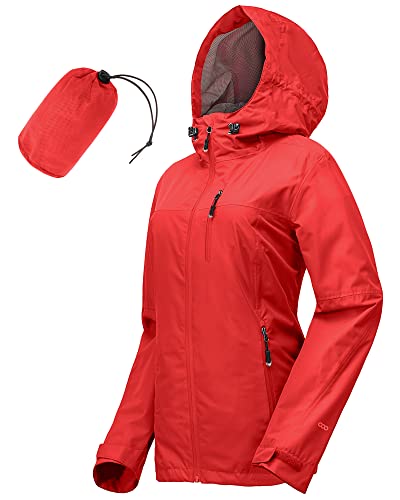 33,000ft Regenjacke Damen Wasserdicht Outdoorjacke Atmungsaktiv Herbst Übergangsjacke Leichte Jacke mit Kapuze Windbreaker zum Wandern Reisen Treking Fahrrad (Hellrot 46) von 33,000ft