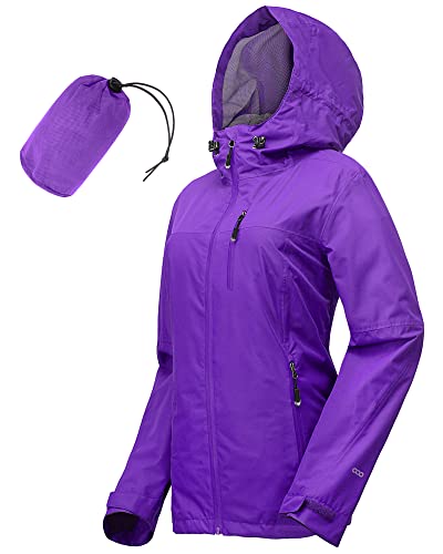 33,000ft Regenjacke Damen Wasserdicht Outdoorjacke Atmungsaktiv Herbst Übergangsjacke Leichte Jacke mit Kapuze Windbreaker zum Wandern Reisen Treking Fahrrad (Lila 34) von 33,000ft