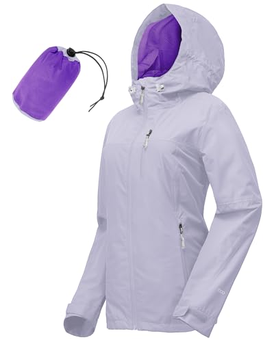 33,000ft Regenjacke Damen Wasserdicht Outdoorjacke Atmungsaktiv Herbst Übergangsjacke Leichte Jacke mit Kapuze Windbreaker zum Wandern Reisen Treking Fahrrad (Lila 36) von 33,000ft