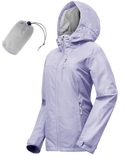 33,000ft Regenjacke Damen Wasserdicht Outdoorjacke Atmungsaktiv Herbst Übergangsjacke Leichte Jacke mit Kapuze Windbreaker zum Wandern Reisen Treking Fahrrad (Lila 44) von 33,000ft