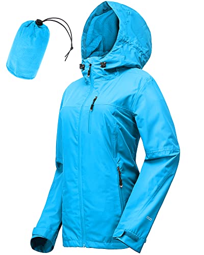 33,000ft Regenjacke Damen Wasserdicht Outdoorjacke Atmungsaktiv Herbst Übergangsjacke Leichte Jacke mit Kapuze Windbreaker zum Wandern Reisen Treking Fahrrad (Meerblau 40) von 33,000ft