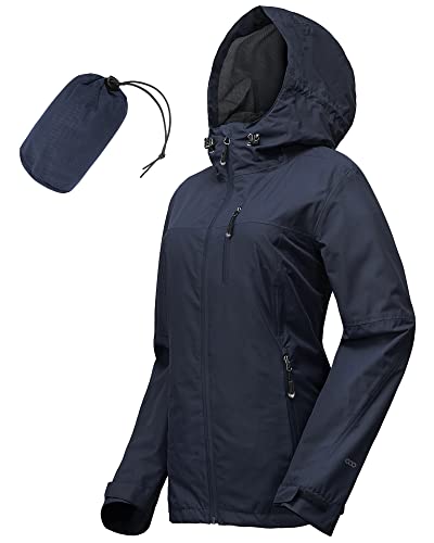 33,000ft Regenjacke Damen Wasserdicht Outdoorjacke Atmungsaktiv Herbst Übergangsjacke Leichte Jacke mit Kapuze Windbreaker zum Wandern Reisen Treking Fahrrad (Navy blau 38) von 33,000ft