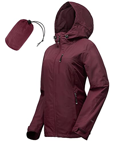 33,000ft Regenjacke Damen Wasserdicht Outdoorjacke Atmungsaktiv Herbst Übergangsjacke Leichte Jacke mit Kapuze Windbreaker zum Wandern Reisen Treking Fahrrad (Weinrot 36) von 33,000ft