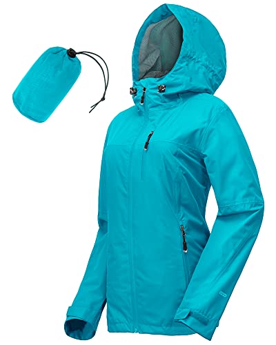 33,000ft Regenjacke Damen Wasserdicht Outdoorjacke Atmungsaktiv Herbst Übergangsjacke Leichte Jacke mit Kapuze Windbreaker zum Wandern Reisen Treking Fahrrad Blau Grün 44 von 33,000ft