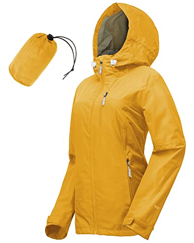 33,000ft Regenjacke Damen Wasserdicht Outdoorjacke Atmungsaktiv Herbst Übergangsjacke Leichte Jacke mit Kapuze Windbreaker zum Wandern Reisen Treking Fahrrad Goldgelb 38 von 33,000ft