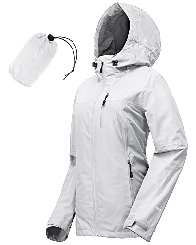 33,000ft Regenjacke Damen Wasserdicht Outdoorjacke Atmungsaktiv Herbst Übergangsjacke Leichte Jacke mit Kapuze Windbreaker zum Wandern Reisen Treking Fahrrad Hellgrau 48 von 33,000ft