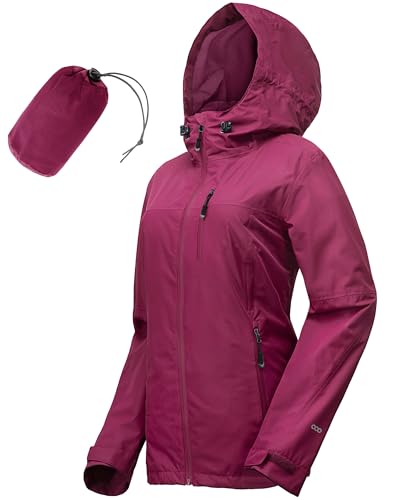33,000ft Regenjacke Damen Wasserdicht Outdoorjacke Atmungsaktiv Herbst Übergangsjacke Leichte Jacke mit Kapuze Windbreaker zum Wandern Reisen Treking Fahrrad Kirschrot 38 von 33,000ft