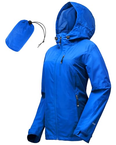 33,000ft Regenjacke Damen Wasserdicht Outdoorjacke Atmungsaktiv Herbst Übergangsjacke Leichte Jacke mit Kapuze Windbreaker zum Wandern Reisen Treking Fahrrad Mittelblau 44 von 33,000ft